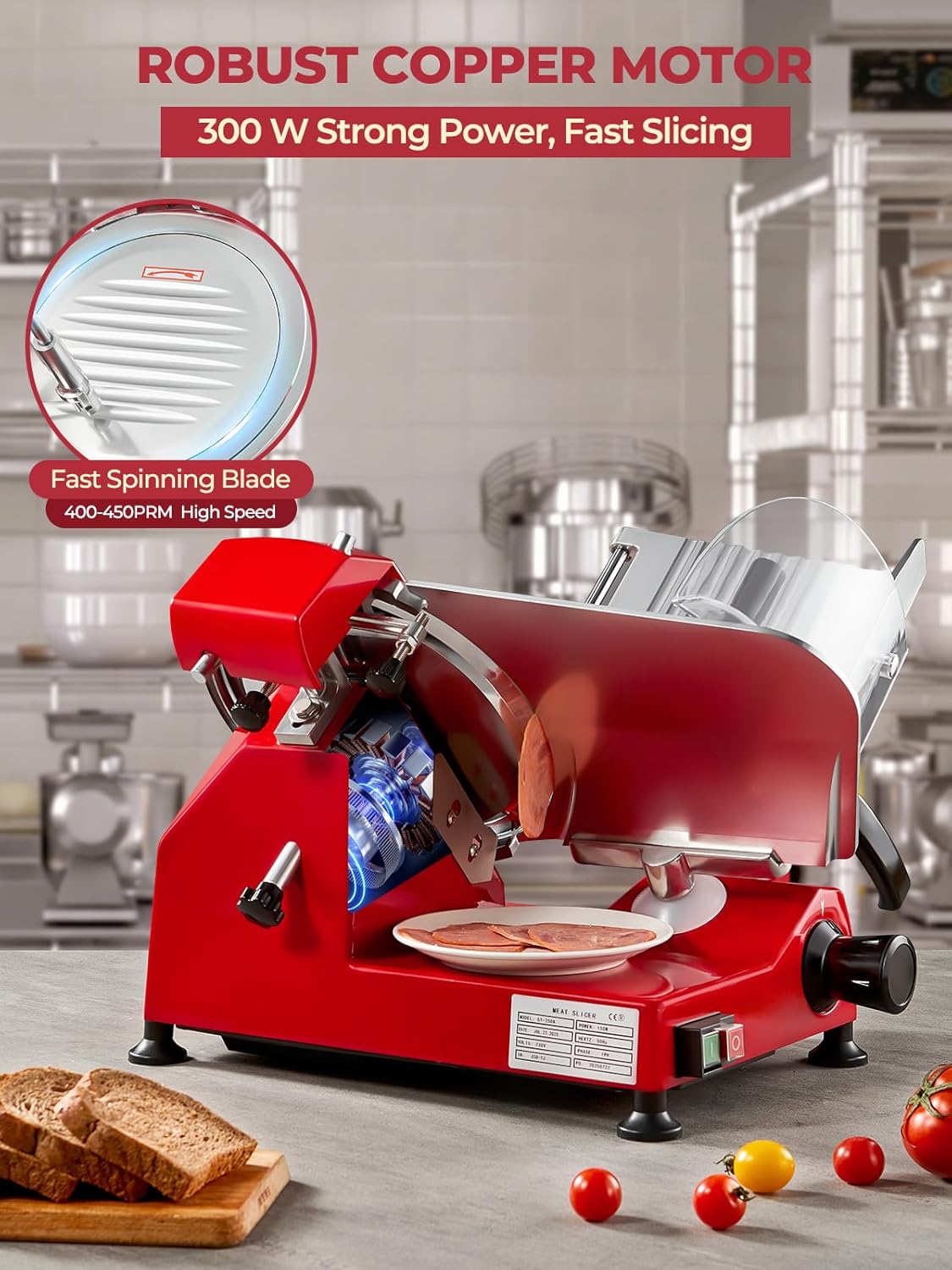 FOHERE 300W Commercial Meat Slicer, Electric Deli Meat Cheese Food Slicer, Frozen Meat Deli Slicer, 10" Premium Chromium-plated Steel Blade Semi-Auto Meat Slicer For Commercial and Home use, Red