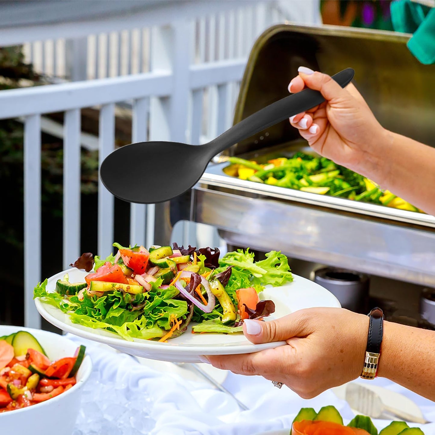 8 Pack 10" Large Reusable Plastic Wheat Straw Serving Spoon Set, 4 Serving Spoons & 4 Slotted Spoons, Kitchen Mixing Serving Spoon for Buffet Chafing Dish Catering (Black, Not for Cooking)