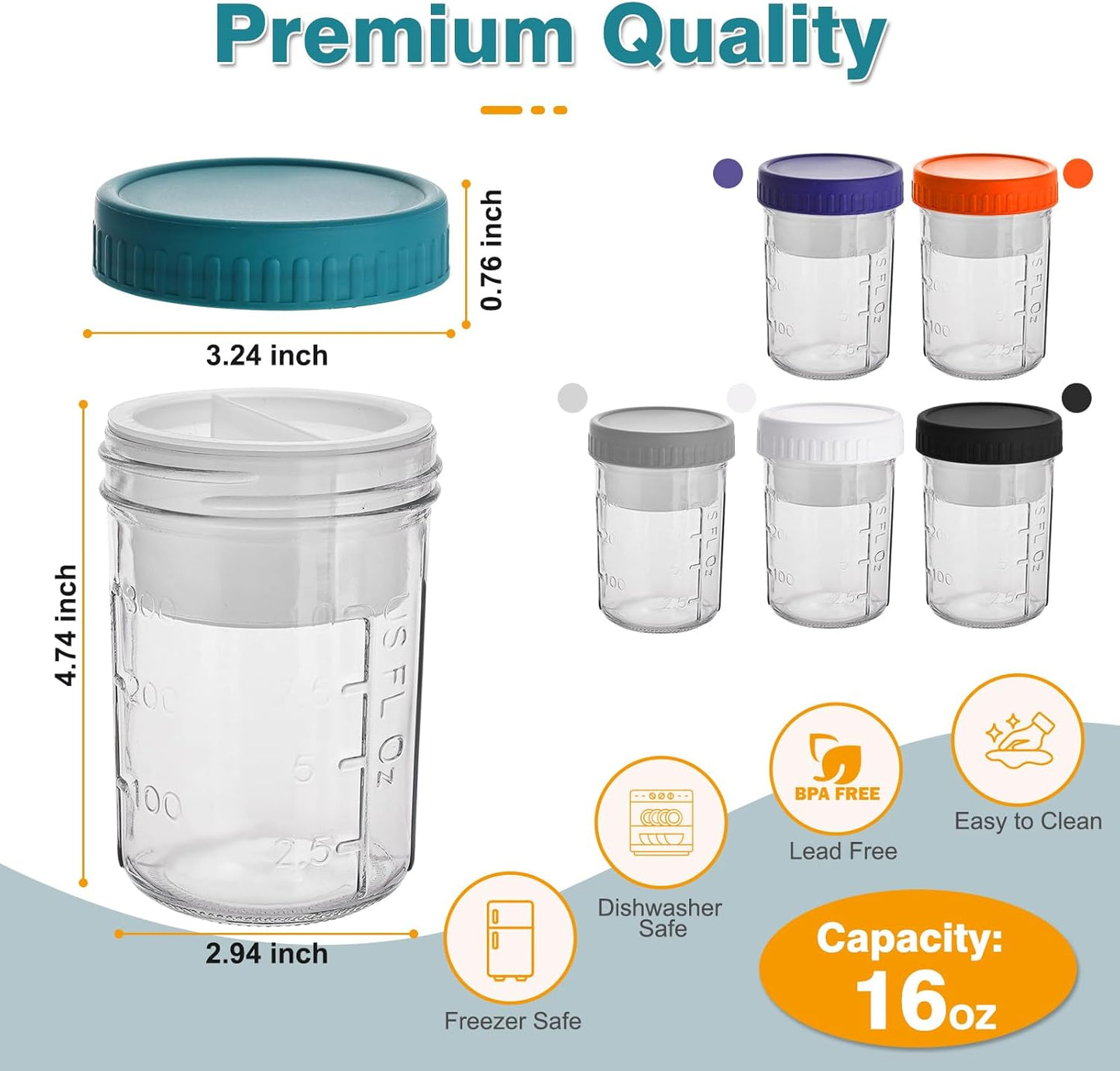Liuruiyu 6 Pack 16 oz Overnight Oats Containers with Lids and Spoons, Wide Mouth Mason Jars with Removable Separate Compartments, Airtight and Leak-Proof Glass Jars for Chia Pudding, Yogurt, Parfait