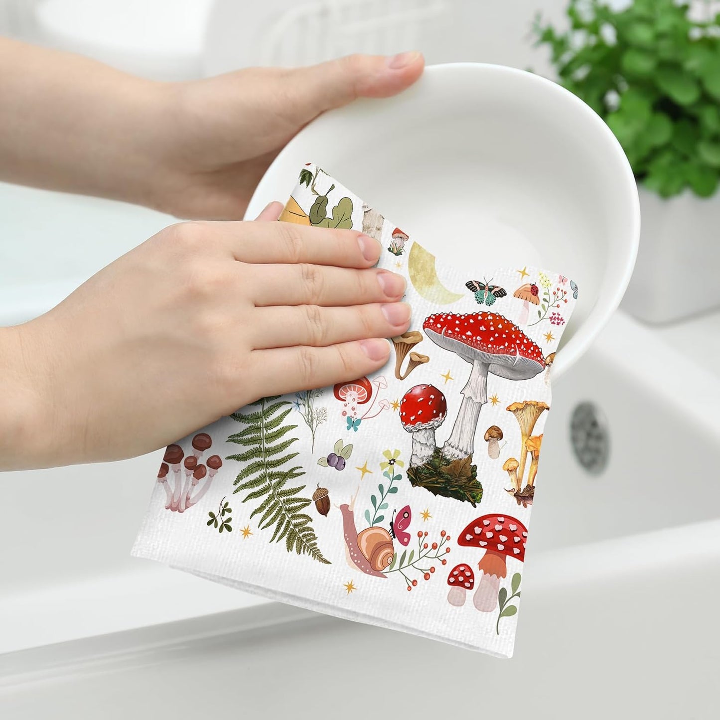 Cukemip Mushroom Decorative Kitchen Towels Aesthetic, Absorbent Beige Witchy Dish Towels Hand Towels Tea Towels for Kitchen Cooking Baking,Moth Gothic Witchy Gifts for Women