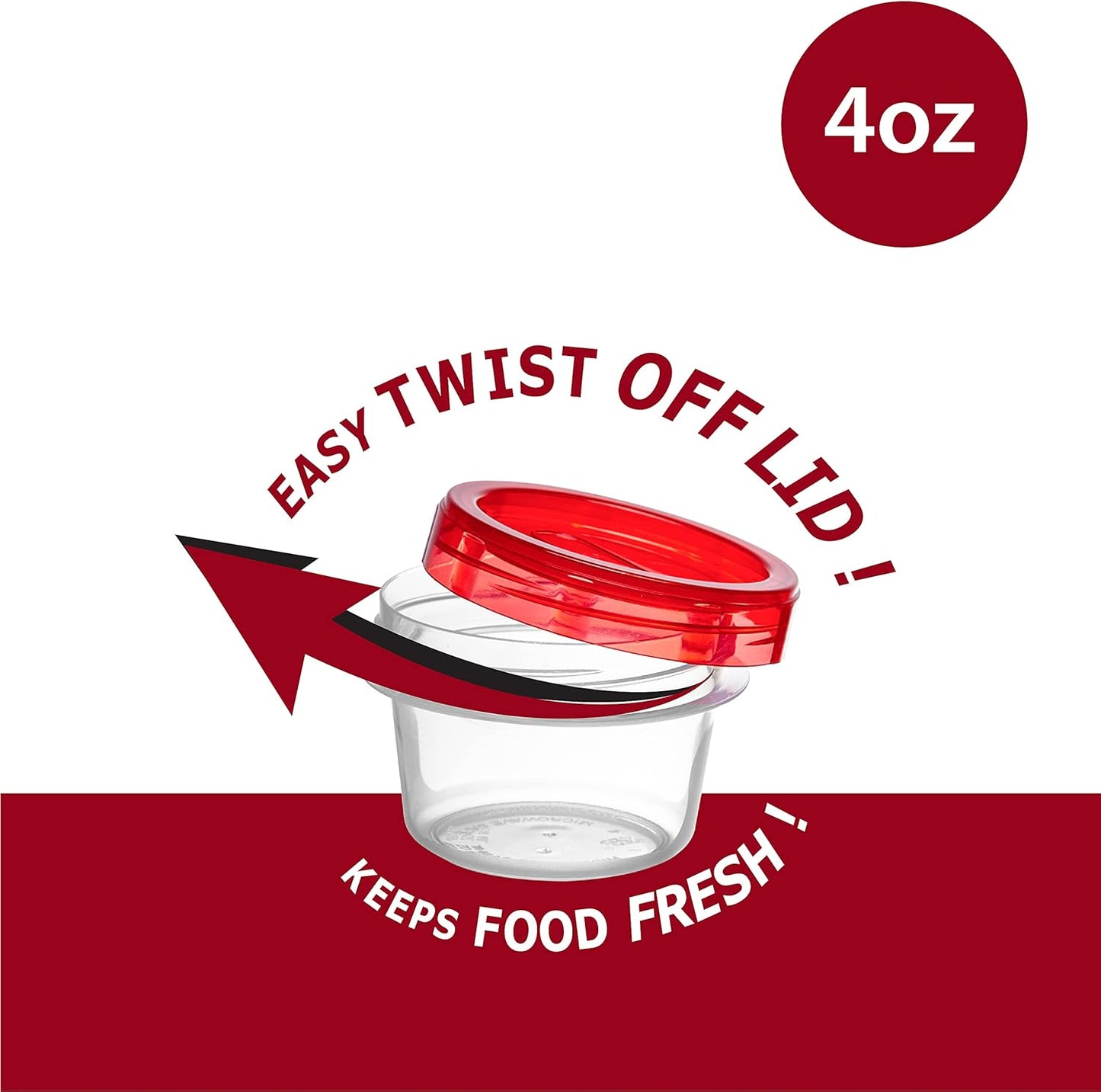 (4 Ounce 20 Pack) Twist cap Containers Clear Bottom With Red Top Screw on Lids Twist Top Food Storage Freezer Containers
