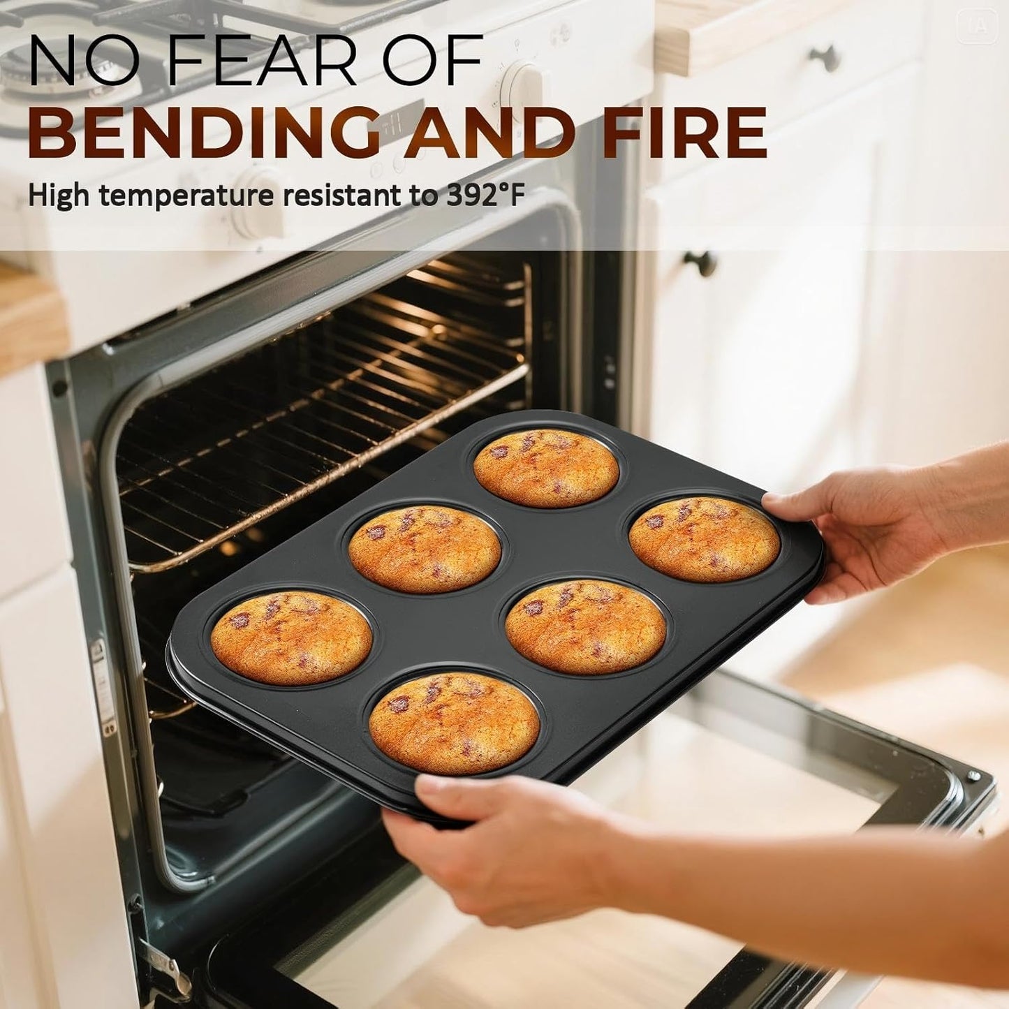 Muffin Pan 2-Pack, 6-Cup Nonstick Cupcake Pan 10.43"x7.28"x1.1" with 2.63" Cups, for Muffins, Cupcakes, Brownies, Cheesecake, Carbon Steel, Easy Clean, Oven Safe