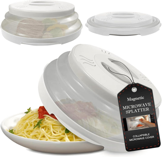 High Power Magnetic Microwave Splatter Cover with strongest magnetic grip, Collapsible 12-Inch BPA-Free Food Lid, Vented Plate Guard, Dishwasher Safe, Space-Saving Magnetic Storage - White