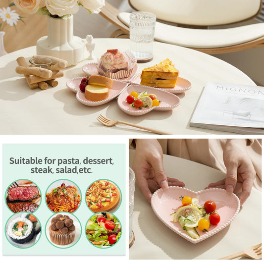 OMAYKEY 6.3 Inch Ceramic Dessert Plates, Small Salad Plates, Porcelain Heart Shaped Appetizer Plates, Dinner Plates for Cake, Snack, Ice Cream, Microwave, Oven, Dishwasher Safe, Pink - Set of 10