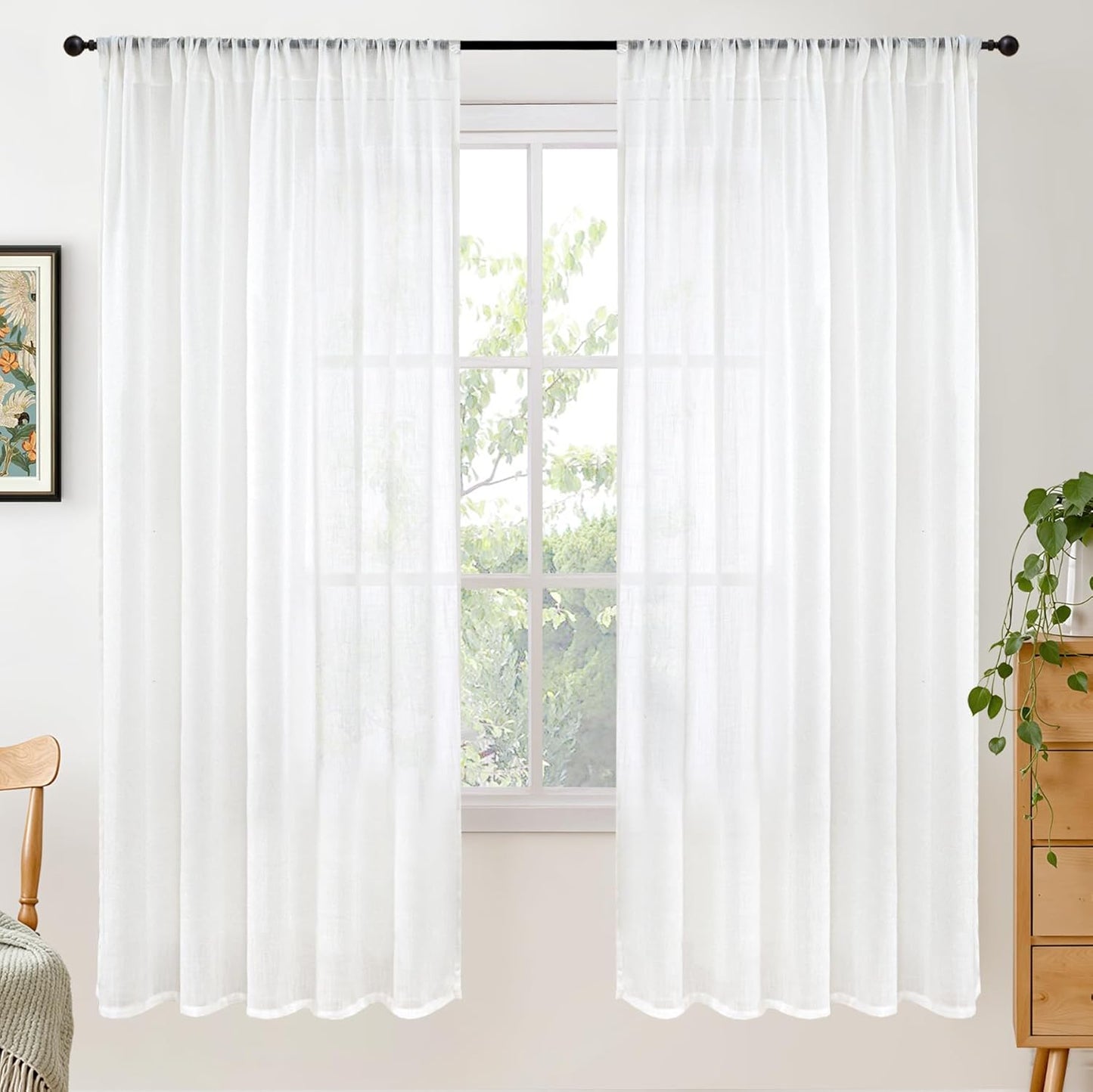 BGment 72 Inch Length White Linen Curtains for Living Room - Rod Pocket Semi Sheer Drapes Light Filtering Window Treatments for Bedroom Dining Lightweight Rustic, 2 Panels Set, 52 X 72 Inch