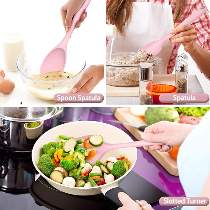 P&P CHEF Silicone Cooking Utensils Set of 7, Heat-proof Kitchen Utensils Set for Nonstick Cookware, Non-stick Spatula, Slotted Turner, Soup Ladle, Pasta Server, Spoon for Cooking Serving - Pink