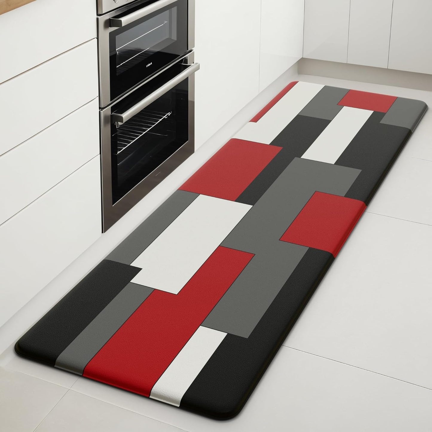 Black Red Grey White Kitchen Rug Anti-Fatigue Kitchen Mat for Floor Abstract Art Geometric Waterproof Non-Slip Kitchen Mat and Rug PVC Kitchen Floor Rug Mat for Home Sink Laundry, 17.3"x 59"