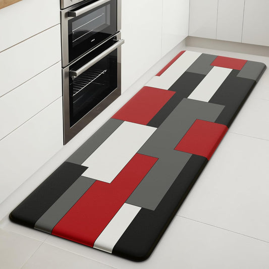 Black Red Grey White Kitchen Rug Anti-Fatigue Kitchen Mat for Floor Abstract Art Geometric Waterproof Non-Slip Kitchen Mat and Rug PVC Kitchen Floor Rug Mat for Home Sink Laundry, 17.3"x 59"