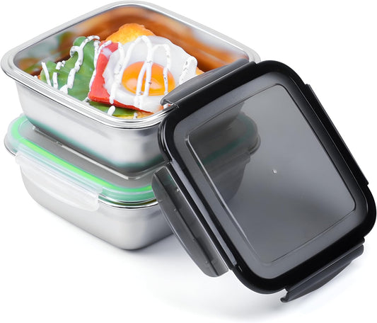 2 Pack 24oz Stainless Steel Sandwich Containers with Airtight Leak-Proof Lids, Reusable Metal Lunch Boxes for Meal Prep, Bento, Snack, Travel & Family, BPA-Free Dishwasher Safe (Green, Black)