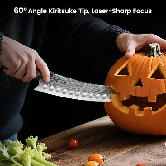 Japanese Kitchen Knife, 8.2 Inch Chef Knife, Carbon Steel Kiritsuke, Razor Sharp Santoku for Precision Cutting, Damascus Pattern, Full Tang Wood Handle,Thanksgiving Christmas Cooking Gifts