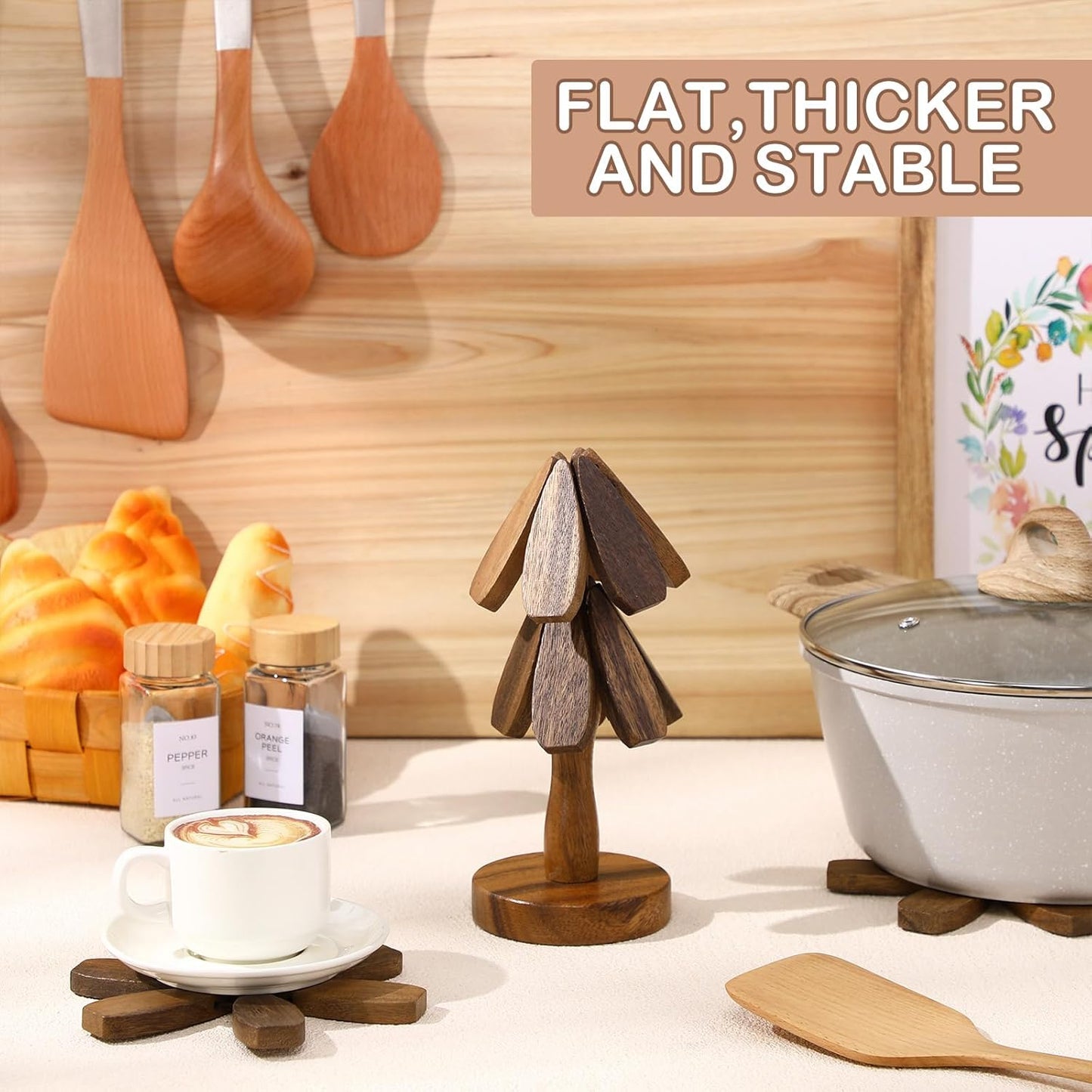 Wooden Tree Coaster Trivets Wood Trivets Set for Hot Dishes Set of 4 Christmas Tree Shape Foldable Wooden Coaster and 1 Stand Natural Trivet for Cups Plates Bowls Pots(Black Walnut Color)