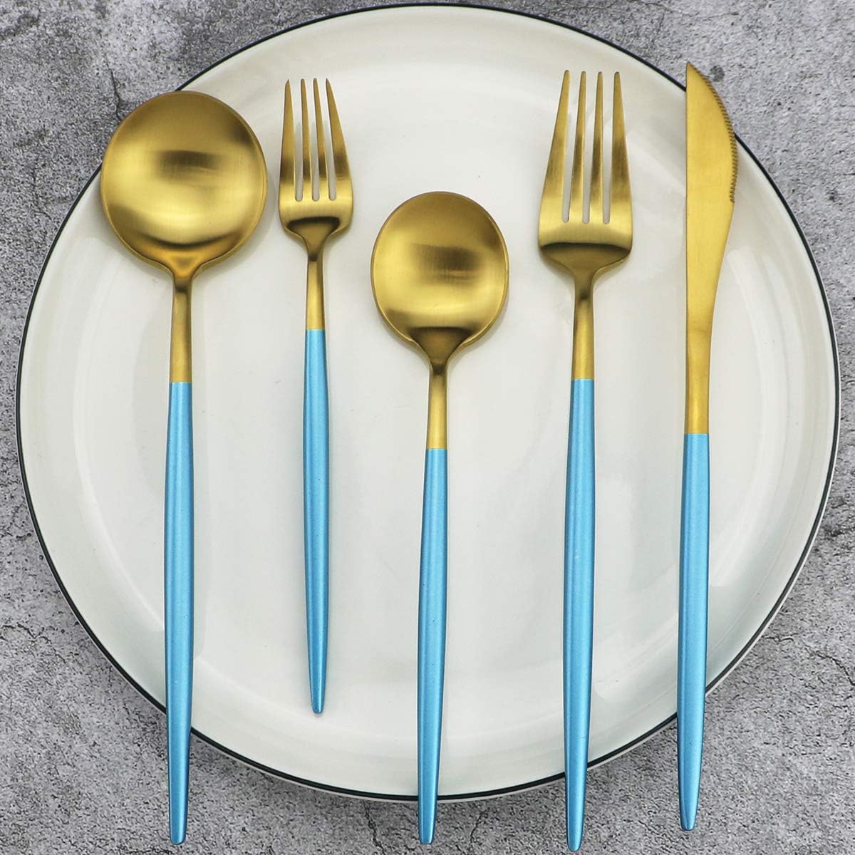 Gugrida 20-Piece 18/10 Stainless Steel Flatware Silverware, Luxury Dinnerware Set Travel Cutlery Tableware Include Knife Fork Spoon Service for 4, Dishwasher Safe (Blue Handle Matte Gold)