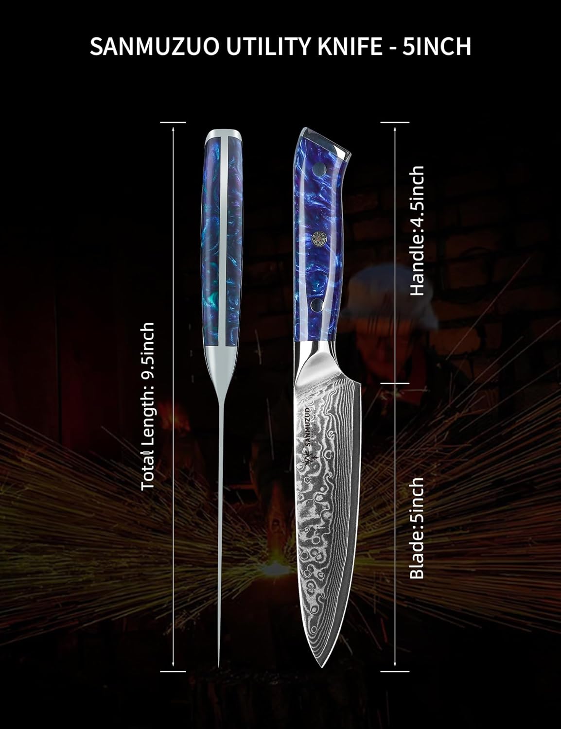 5 Inch Kitchen Utility Knife - Xuan Series - VG10 Damascus Steel Kitchen Knives - Resin Handle (Sapphire Blue)