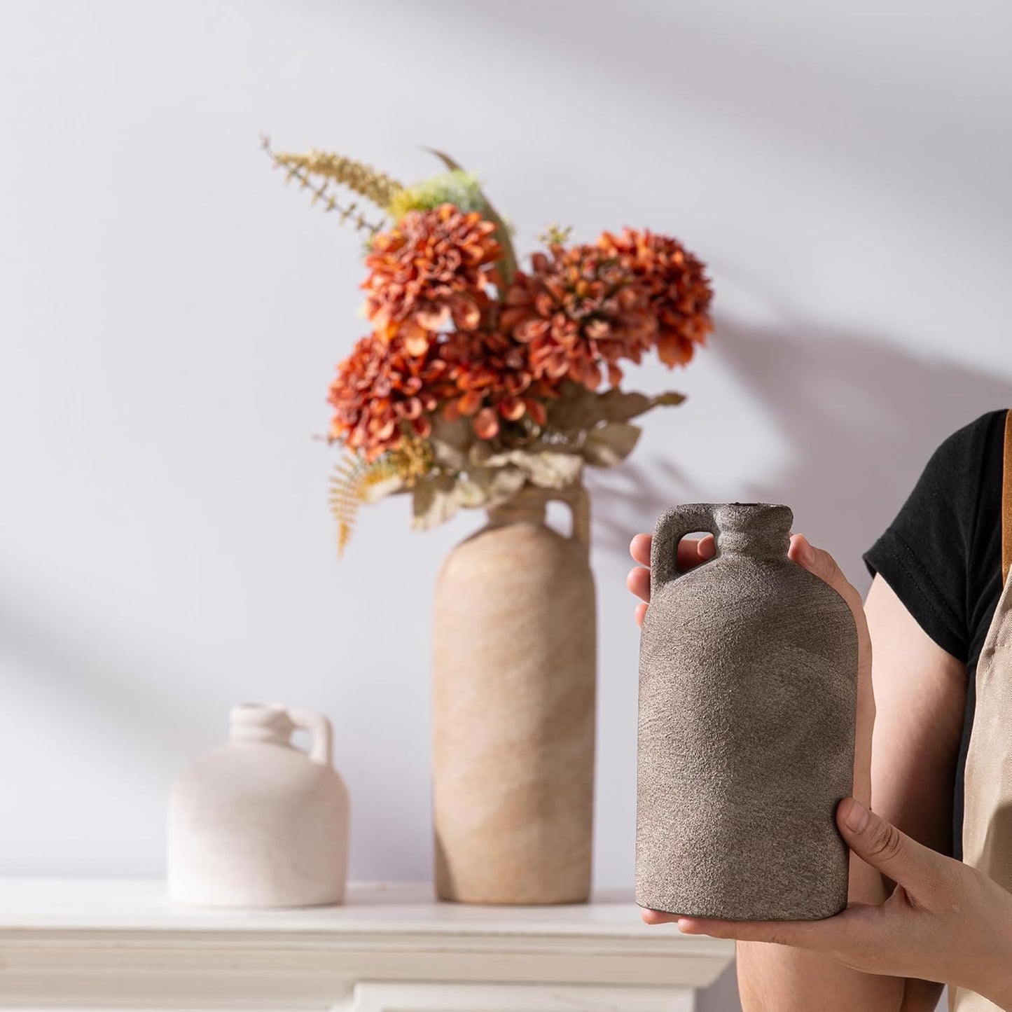 Ceramic Vase Home Table Decor - Flower Vase Set of 3 Living Room Kitchen Decorations Farmhouse Modern Rustic Vases Decorative Centerpiece for Shelf Bedroom Office Bathroom Dining Coffee Desk