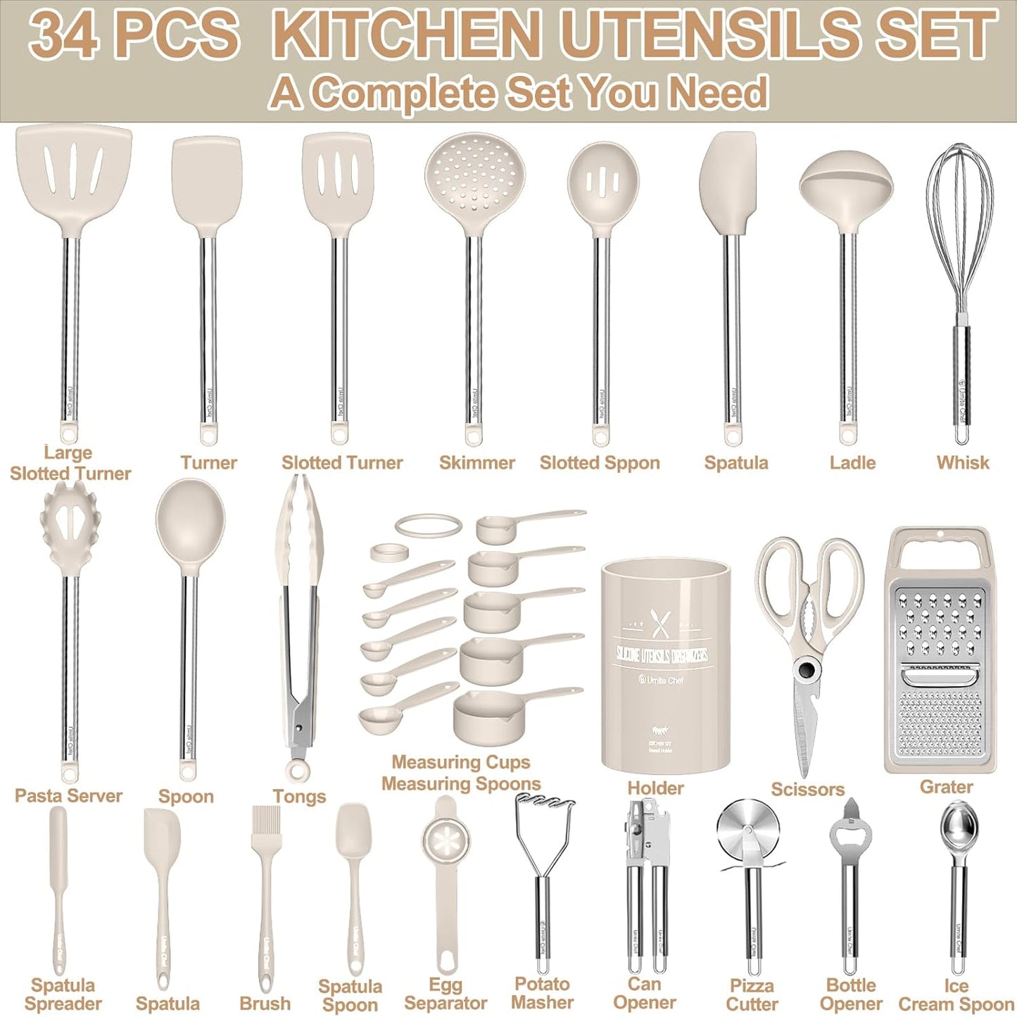 Kitchen Utensils Set-Umite Chef 34 Pcs Silicone Cooking Utensils Set for Nonstick Cookware-Silicone Spatulas Set, Stainless Steel Handle-Khaki Kitchen Gadgets Tools, Pots and Pans Accessories
