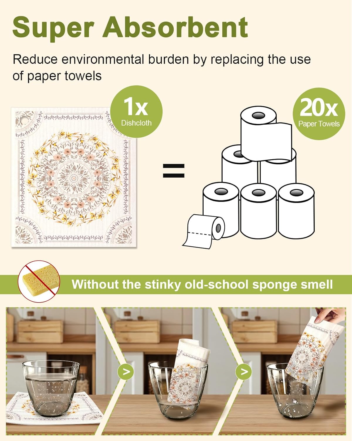 6 Pack Swedish Dishcloths for Kitchen - Reusable Dish Cloths for Washing Dishes Absorbent Cute Funny Kitchen Towels Cleaning Sponge, Bohemi