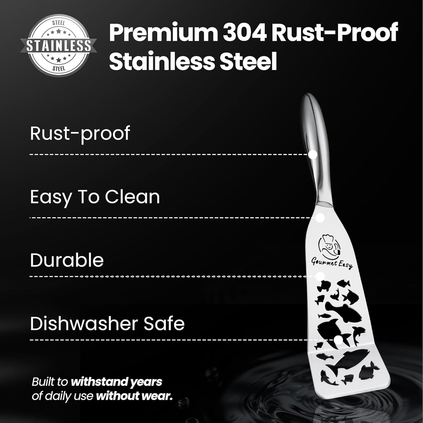 Stainless Steel Fish Spatula Set – Funky Fish Edition, 1 Large Fish Turner + 1 Small Metal Spatula, Ultra Thin Edge for Easy Turning & Flipping, Ergonomic Non-Slip Handle, Dishwasher Safe