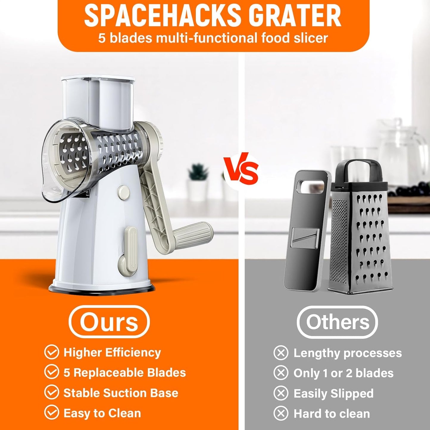 Rotary Cheese Grater Hand Crank with 5 Interchangeable Blades, Vegetable Slicer Chopper for Fruit Vegetable Nuts, Mandoline Slicer for Kitchen with Blades Rack & Suction Base, White