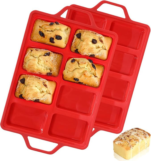 Mini Loaf Pans, Metal Reinforced Frame Silicone Mini Bread Loaf Pans 8 Cavities Nonstick for Baking Cornbread, Bread, Small Loaf, Brownie, Cheesecake, Chocolate 2 Pack Red