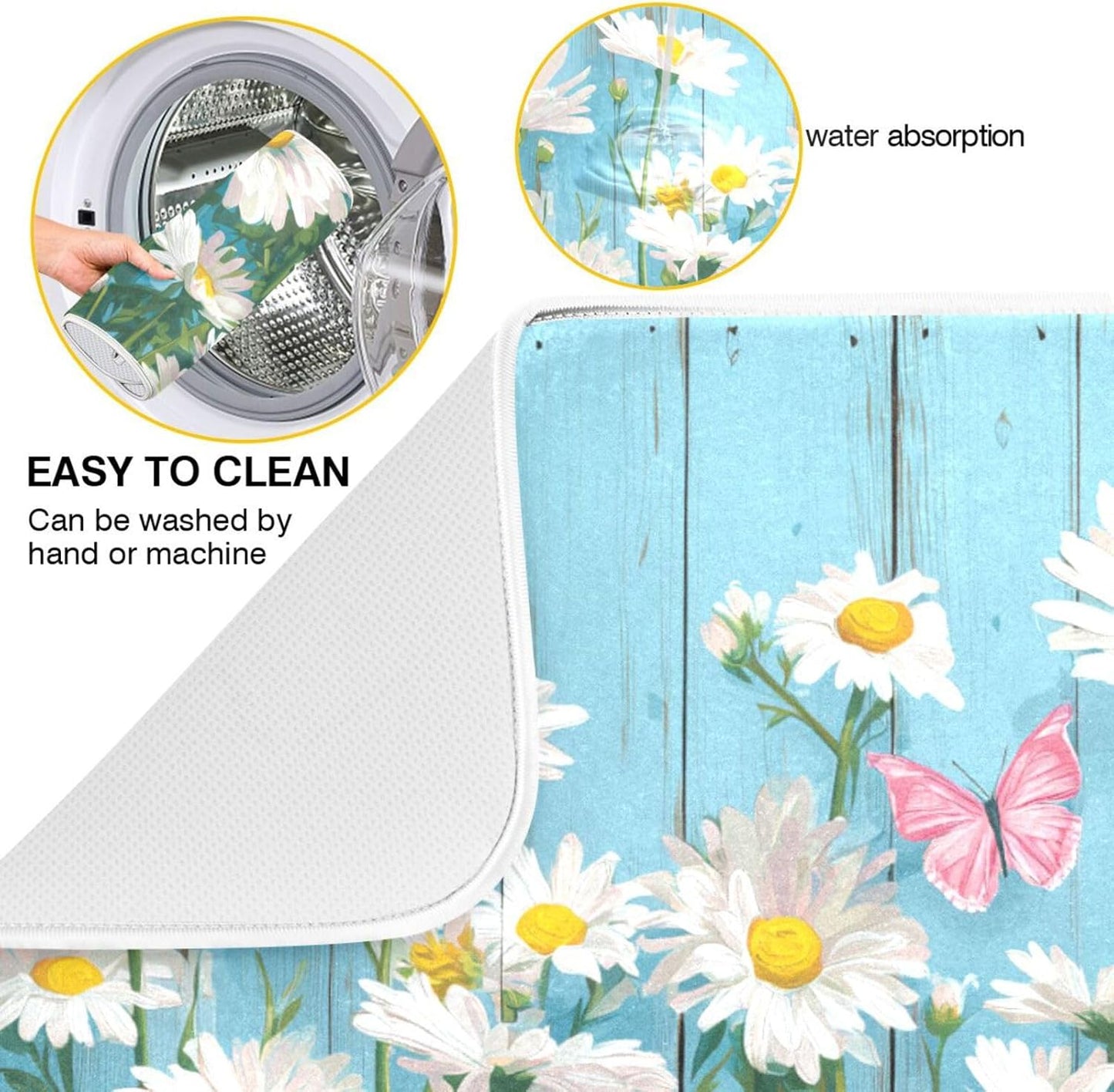 Daisies Flower Pink Butterflies Dish Drying Mat for Kitchen Counter Super Absorbent Dishes Pad Reversible Microfiber Protector Dish Draining Mats 16x18 inch