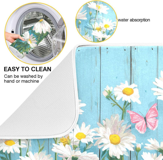 Daisies Flower Pink Butterflies Dish Drying Mat for Kitchen Counter Super Absorbent Dishes Pad Reversible Microfiber Protector Dish Draining Mats 16x18 inch