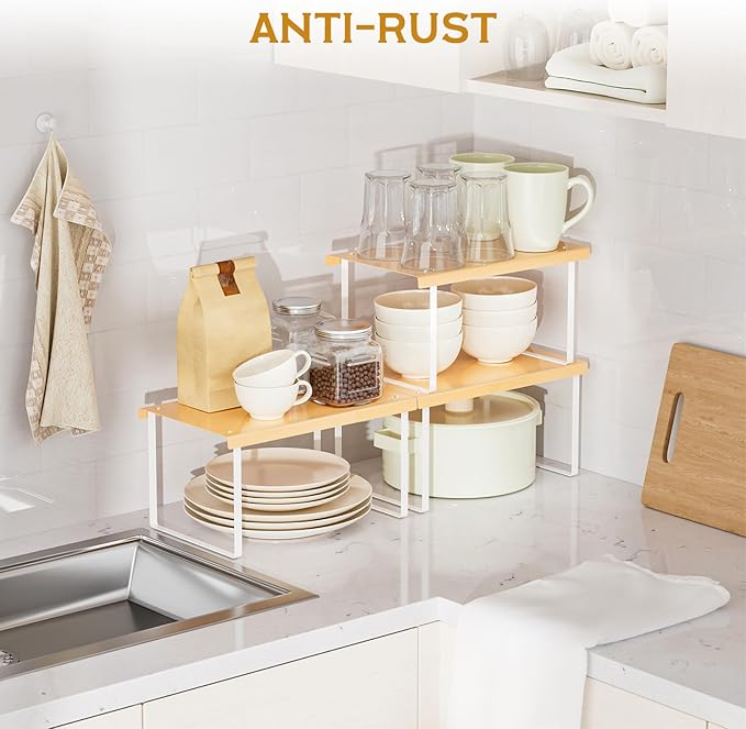 Cabinet Organizer Shelf,2 Pcs Metal Shelves Spice Rack for Kitchen Counter- Pantry Organizers and Storage,Stackable Risers Stand for Bathroom,Cupboard,Desk Organization