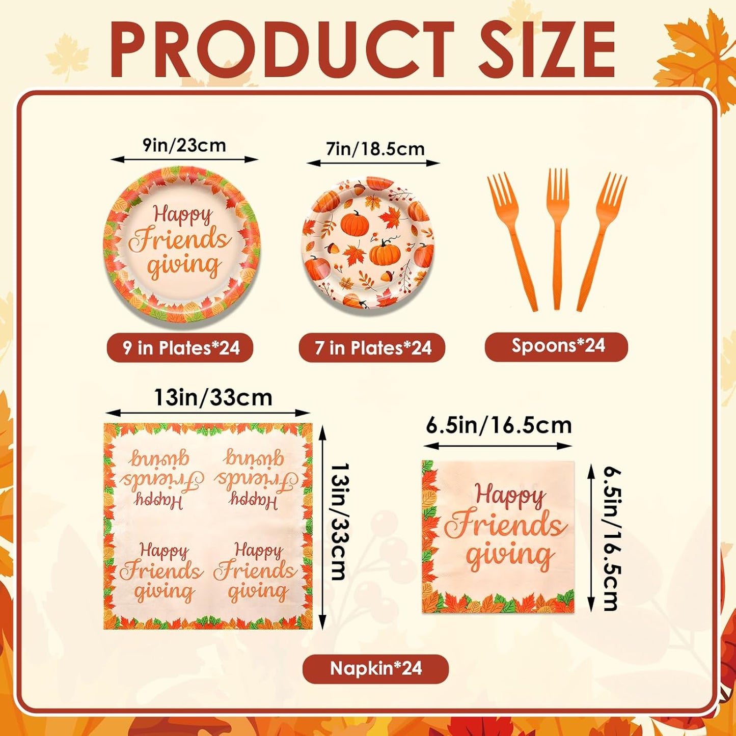 96 Pieces Happy Friendsgiving Tableware Set Party Supplies - Fall Thanksgiving Pattern Disposable Dinnerware with Paper Plates, Napkins, Forks for Autumn Harvest, Friendsgiving Dinner BBQ Picnic