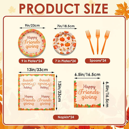 96 Pieces Happy Friendsgiving Tableware Set Party Supplies - Fall Thanksgiving Pattern Disposable Dinnerware with Paper Plates, Napkins, Forks for Autumn Harvest, Friendsgiving Dinner BBQ Picnic