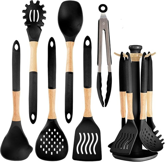 Kitchen Utensils Set - 7 PCS Non-Stick Silicone Cooking Utensils Set with Wooden Handle,Kitchen Gadgets Tools Set for Nonstick Cookware (Black-7Max)