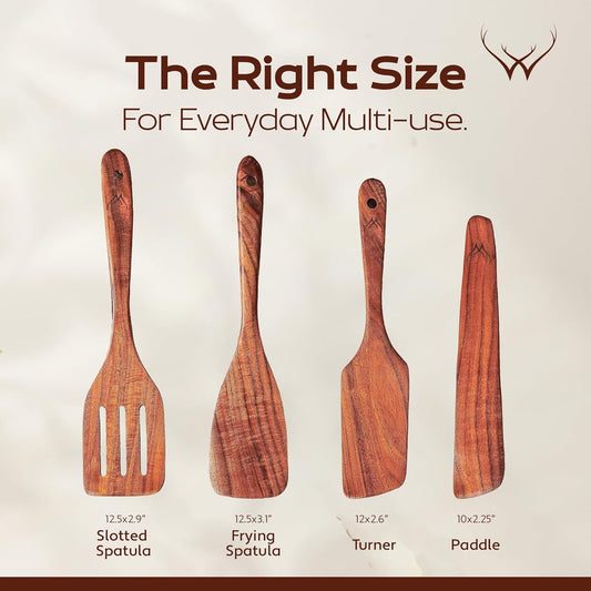 Wooden Spatulas for Cooking - Wooden Kitchen Utensil Set of 4 including Paddle, Slotted Spatula, Frying Spatula, Wood Turner for Nonstick pans - Teak cooking utensils set for Apartment Essentials