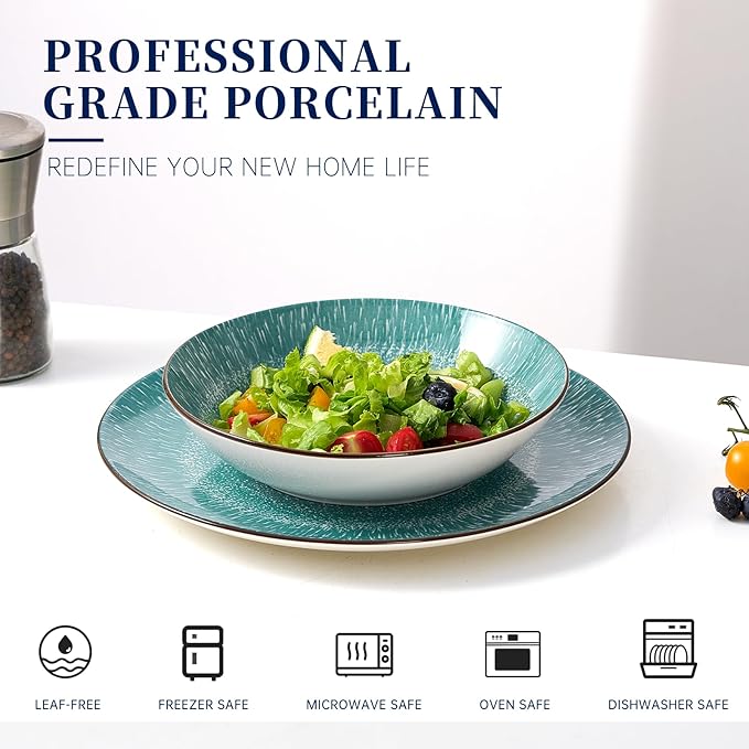 Bestone Plates and Bowls Sets,12 Pieces Round Porcelain Dinnerware Sets,Dishes, Plates, Dishware Sets,Chip Resistant Ceramic Dish Set Dining Dinner Ware Service for 4,New green