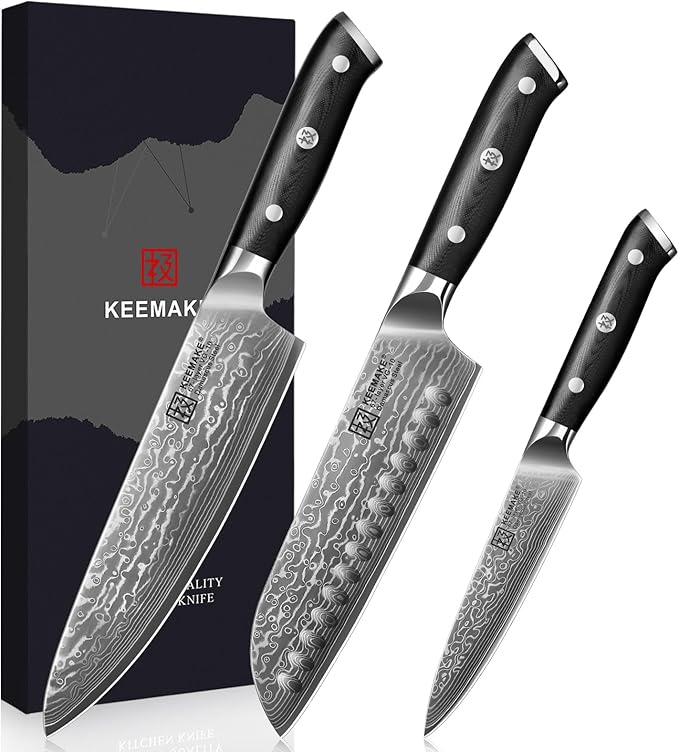 KEEMAKE Damascus Kitchen Knife Set 3 PCS, Sharp Knives Set for Kitchen, 67 Layers Damascus Chef Knives, Japanese Knife Sets with Full Tang Ergonomic Handle, Kitchen Knives for Meat Vegetable