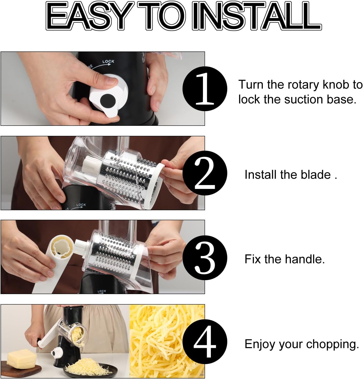 Ourokhome Rotary Cheese Grater Hand Crank, Kitchen Shredder Speed Mandolin Slicer Nuts Grinder with Handle and Drum Blades for Cheese, Vegetable, Walnut, Chocolate, Potato, Carrot, 3 Blades, Black