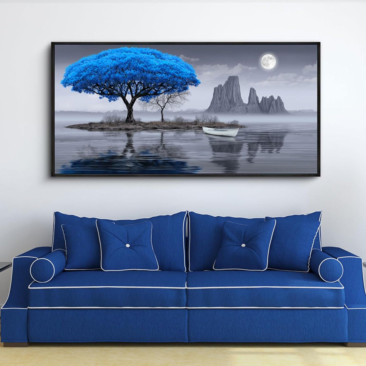 XLSJERST Wall Art for Living Room - Black and White Blue tree Moon Canvas Wall Decor for Home artwork Painting 48x24 Inches Canvas Print for Bedroom Decor Modern Salon Kitchen Office Hang a Picture