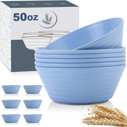 Wrova Wheat Straw Bowl Sets,6 PCS Unbreakable Cereal Bowl 50 OZ,Microwave and Dishwasher Safe Bowls,Super Big Bowl Sets BPA Free for Serving Cereal,Oatmeal and Salad (Sky Blue)