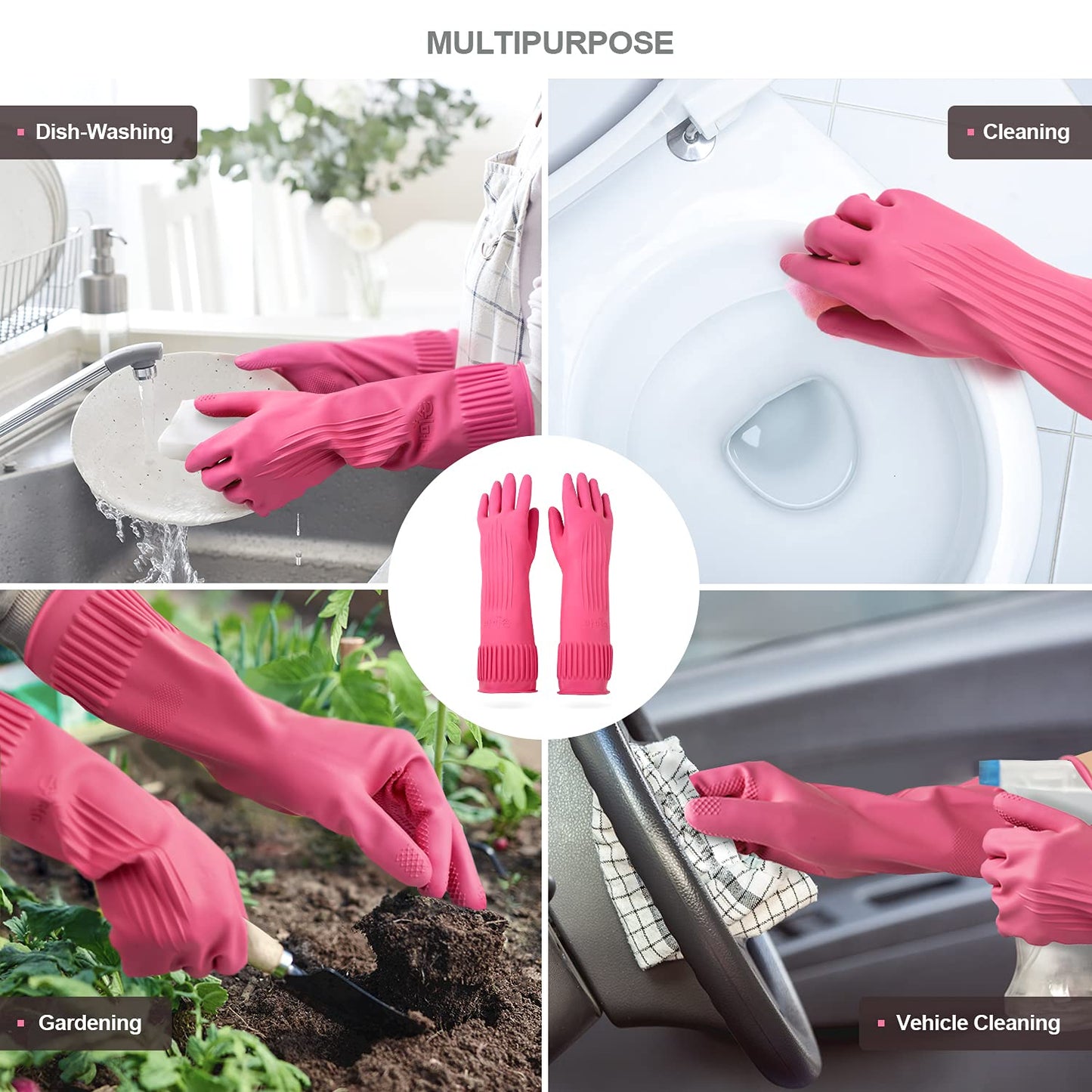 Mamison 2 Pairs Reusable Waterproof Household Dishwashing Cleaning Rubber Gloves, Non-Slip Kitchen Glove (Pink, Medium (Pack of 2))