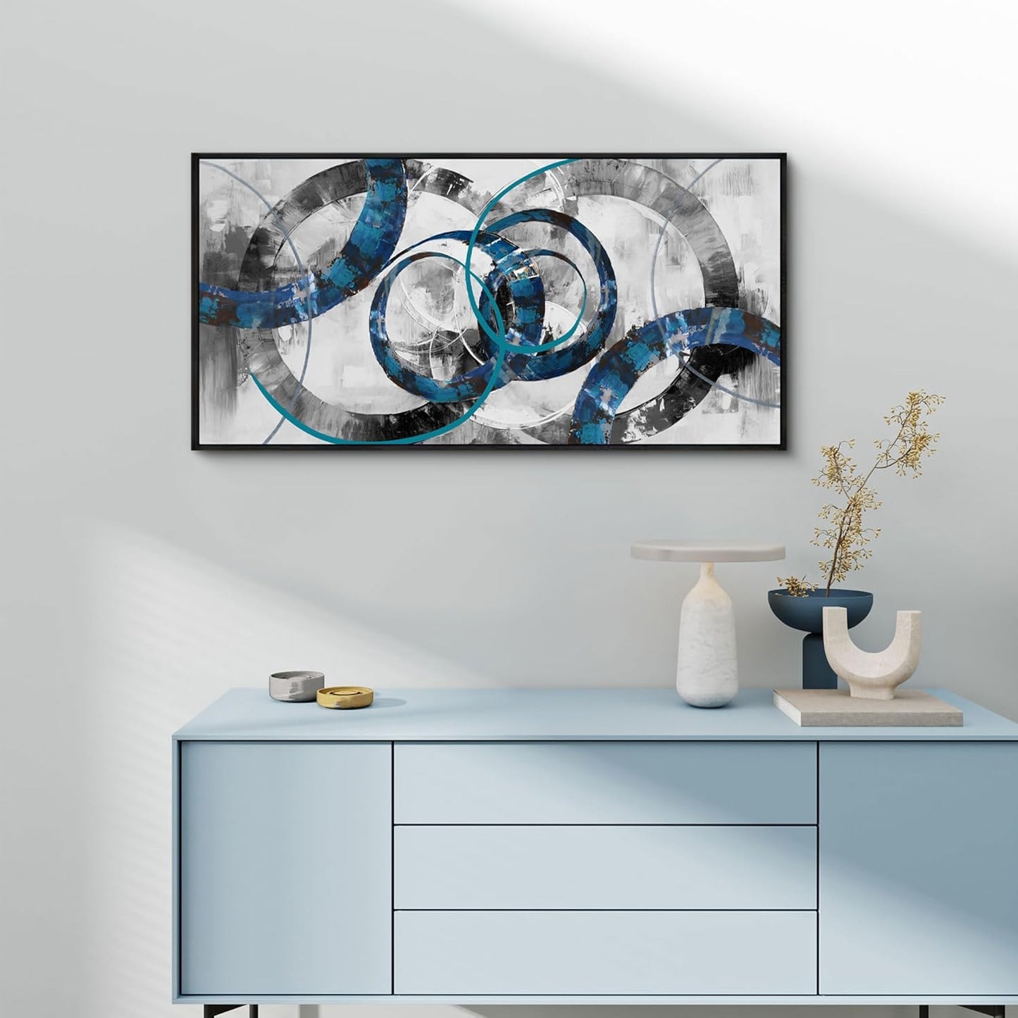 XLSJERST Large Frame Wall Art Blue Abstract Canvas - Modern Art Decor Pictures for Living Room Bedroom Office Gray and White Paintings Artwork Size 20x40 Inches