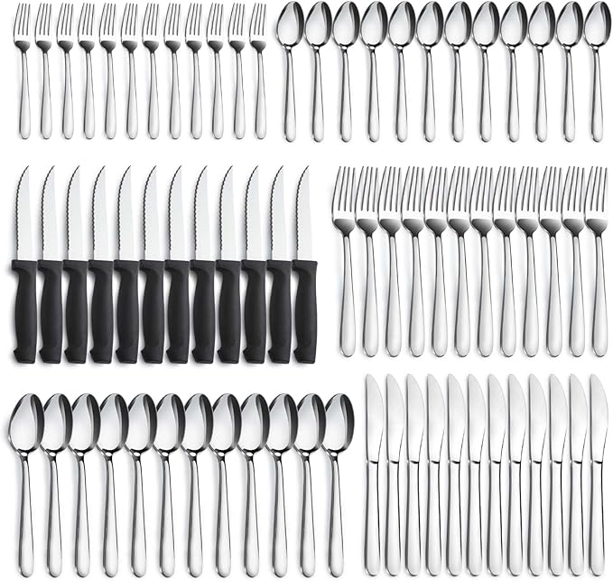 Pleafind 72-Pieces Silverware Set for 12, Flatware Set with Steak Knives, Stainless Steel Cutlery Set, Include Forks Spoons and Knives Set, Dishwasher Safe Utensil Sets for Home Restaurant