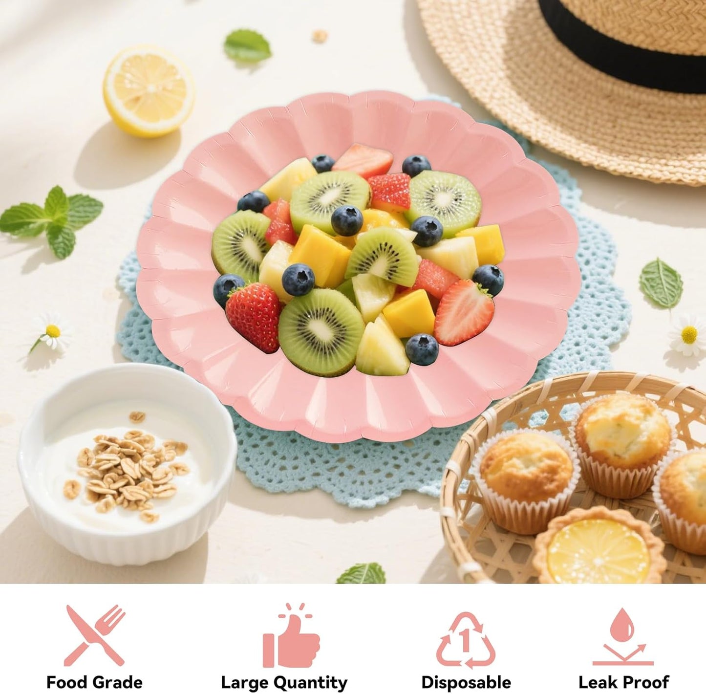 50Pcs Large Scalloped Light Pink Paper Plates 9Inch Shell Edge Dinner Plates for Cake Salad Fruit Disposable Dinner Serving Plates for Birthday Wedding Baby Shower Party Decorations