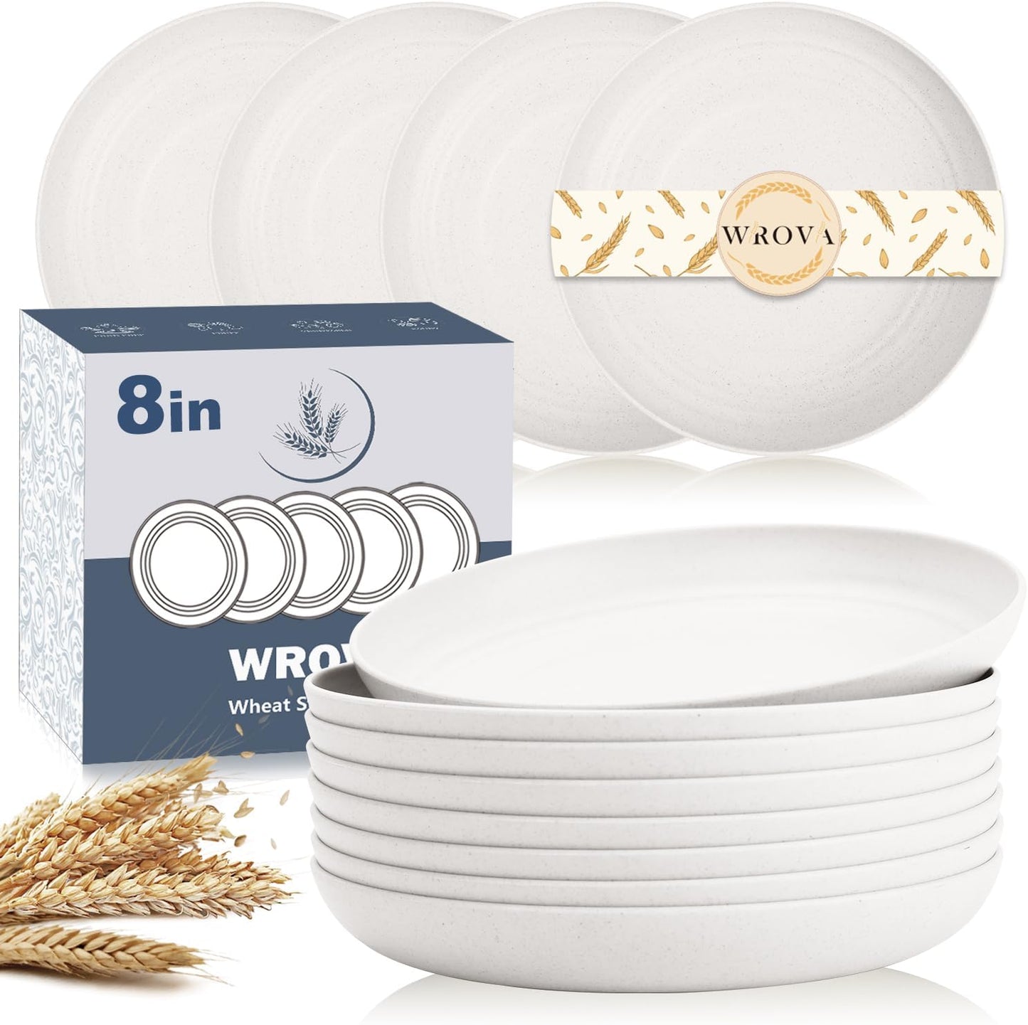 Wheat Straw Plates - 8 Inch Unbreakable Dinner Plates Set of 8 - Dishwasher & Microwave Safe Plastic Plates Reusable for Kitchen,R.V. (White)