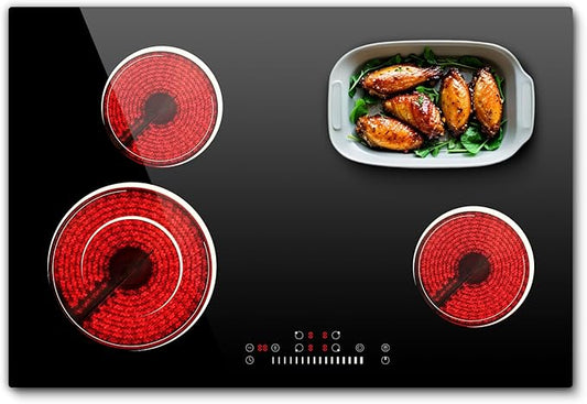 30 Inch Electric Cooktop 6600W, 4 Burner Electric Stove with Slide Control, Built-in 30'' Ceramic Cooktop 220V Hard Wire, Timer & Safety Lock, Extended Zone, Residual Heat Warning