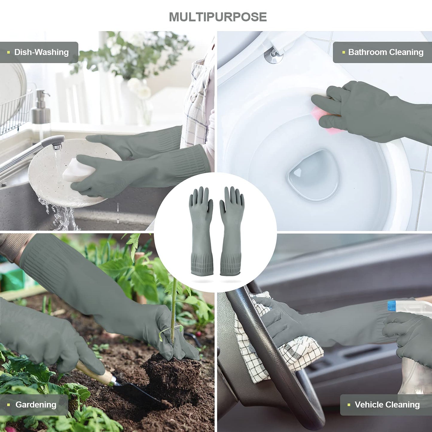 Mamison 2 Pairs Reusable Waterproof Household Dishwashing Cleaning Rubber Gloves, Non-Slip Kitchen Glove (Grey, Large (Pack of 2))