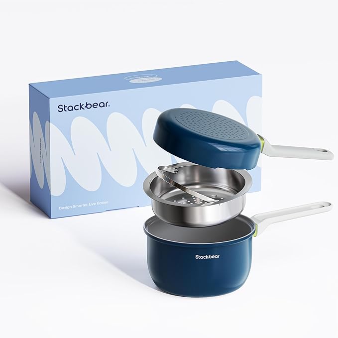 Ceramic Non Stick Sauce & Frying Pan Set, 2.5QT Saucepan, 7" Egg Omelette Pan & 18/10 Stainless Steel Steamer, Induction Cookware Set for Quick Meals, PTFE, PFOA & PFAS Free, Drak Blue