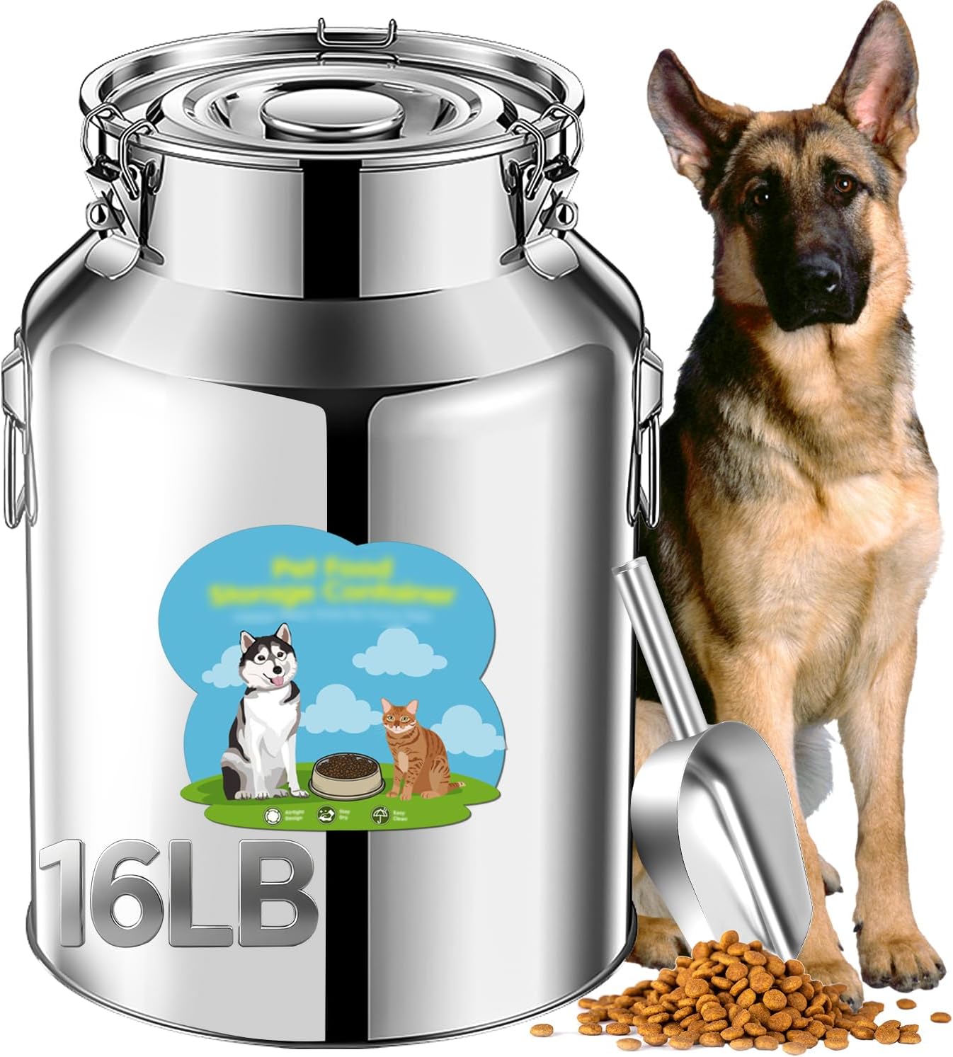 16lb Stainless Steel Dog Food Storage Container, Metal Pet Storage Container with Airtight Hangable Lid to Keep Food Fresh, Large Cat Food Storage Container with Scoop to Easily Clean