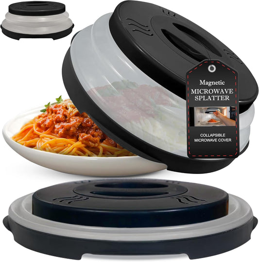 High Power Magnetic Microwave Splatter Cover with strongest magnetic grip, Collapsible 12-Inch BPA-Free Food Lid, Vented Plate Guard, Dishwasher Safe, Space-Saving Magnetic Storage - Black