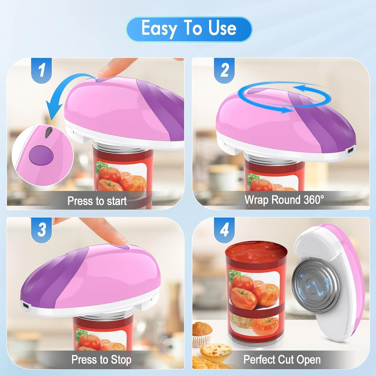 HuiJuKeJi Electric Can Opener, Rechargeable Automatic Can Opener for Seniors with Arthritis, One-Touch Hands-Free Can Opener for Almost Can Sizes, Smooth Edge & Food-Safe Kitchen Gadgets-Purple