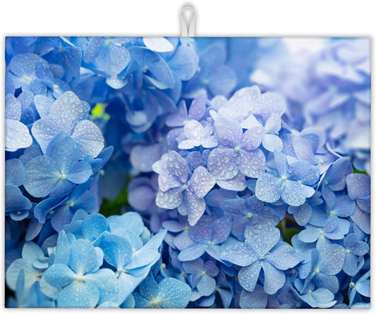 Blue Hydrangea Flower Dish Drying Mats 18x24 Inch, Dish Pad Drying Rack Mat for Kitchen Counter Ultra Absorbent Microfiber Dishware Coffee Maker Bar Countertop Decor