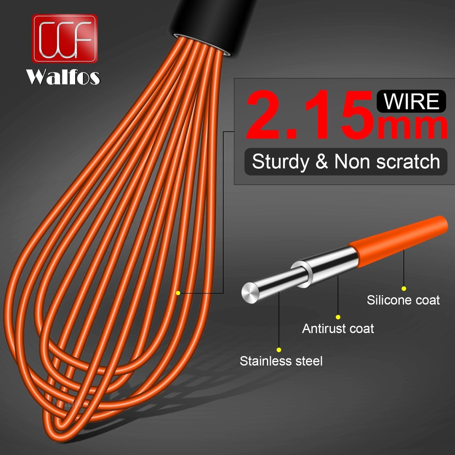 Walfos Whisk, Silicone Whisks Set of 5, Mini Stainless Steel Whisk 7+5in and Non Scratch Coated 7+9+11in Whisks, Suitable for Blending, Whisking, Beating, Frothing & Stirring. (Orange)