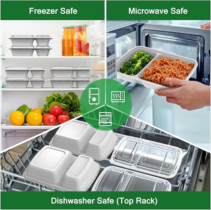 50 Pack (100-Piece) 28 oz Meal Prep Containers Reusable with Lids 2-Compartment, Sturdy Leakproof Food Safe, Microwave Freezer Dishwasher Safe, To Go Take Out Plastic Food Storage, Silver