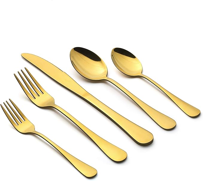 Gold Silverware Set, LIANYU 20 Piece Stainless Steel Flatware Cutlery Set for 4, Gold Mirror Finish, Ideal for Home Wedding Festival Party, Dishwasher Safe
